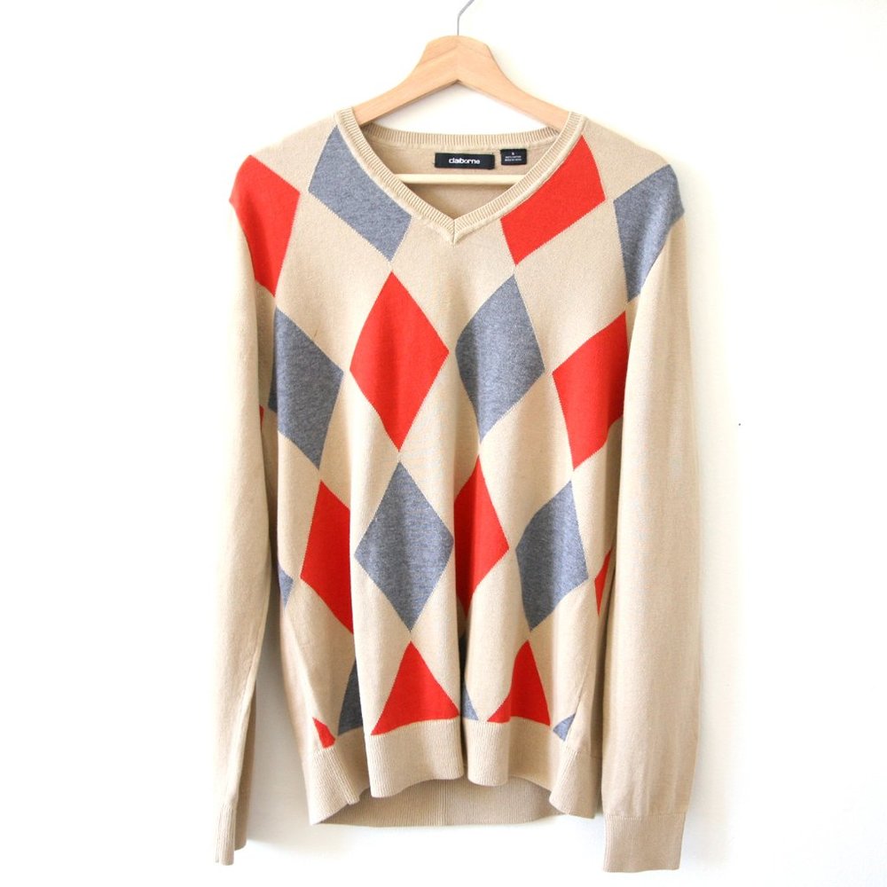 Size S - CLAIBORNE Men's Beige Argyle Cotton Knit Sweater